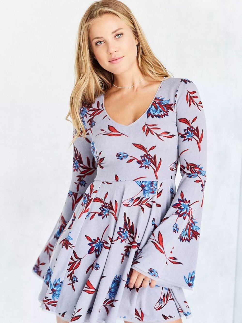 Lavender Kimchi Blue Floral Bell Sleeve Mini Dress S